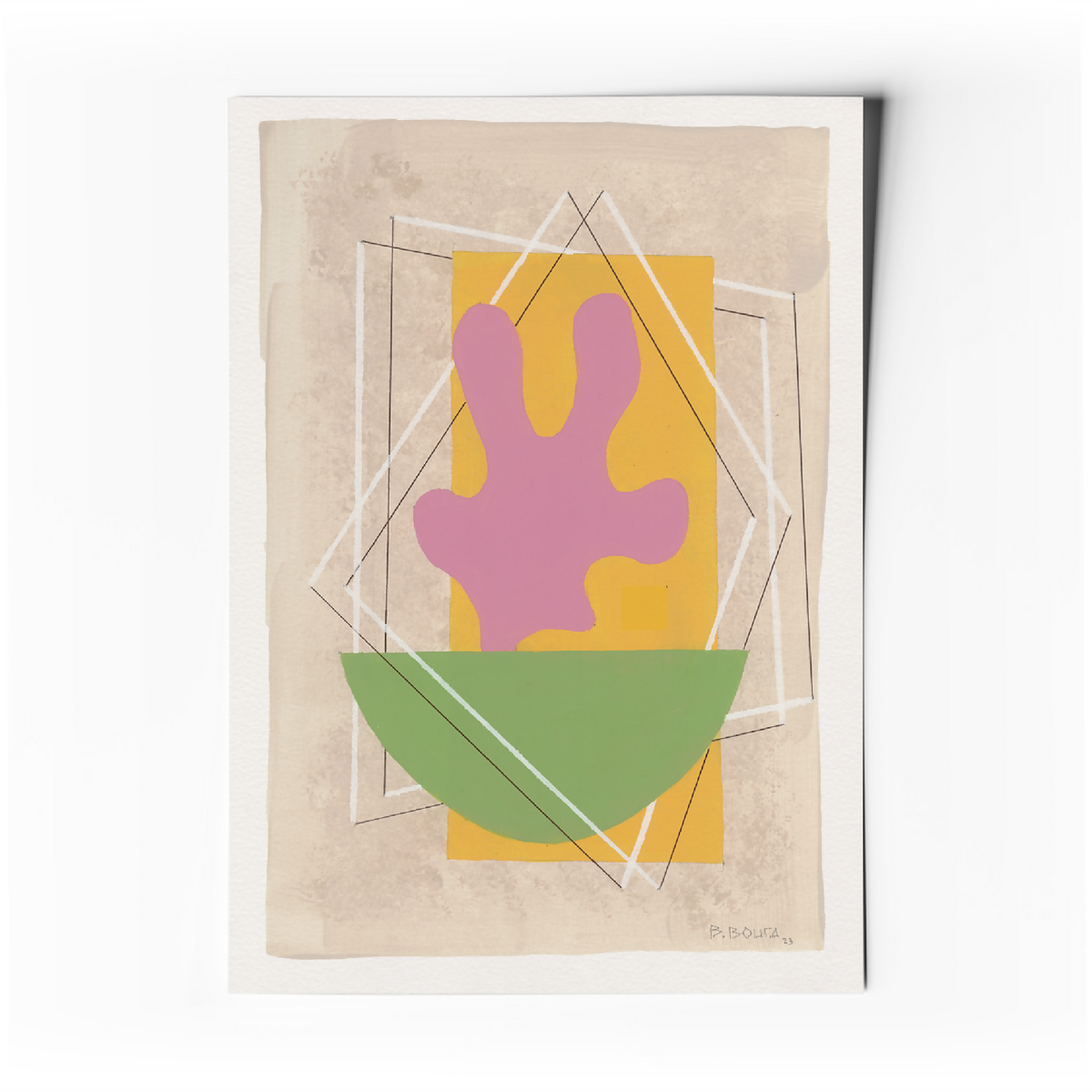 Affiche d’art abstrait géométrique avec formes superposées violet, jaune et vert sur fond beige