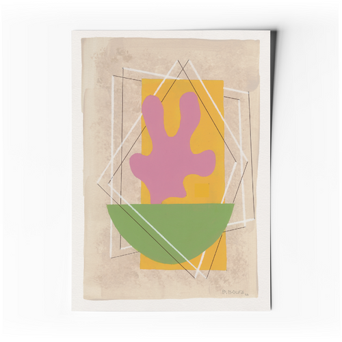 Affiche d’art abstrait géométrique avec formes superposées violet, jaune et vert sur fond beige