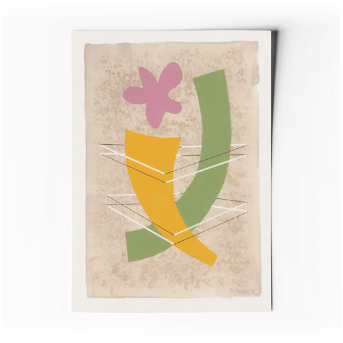 Affiche d’art abstraite géométrique, papillon violet et formes vertes et jaunes.