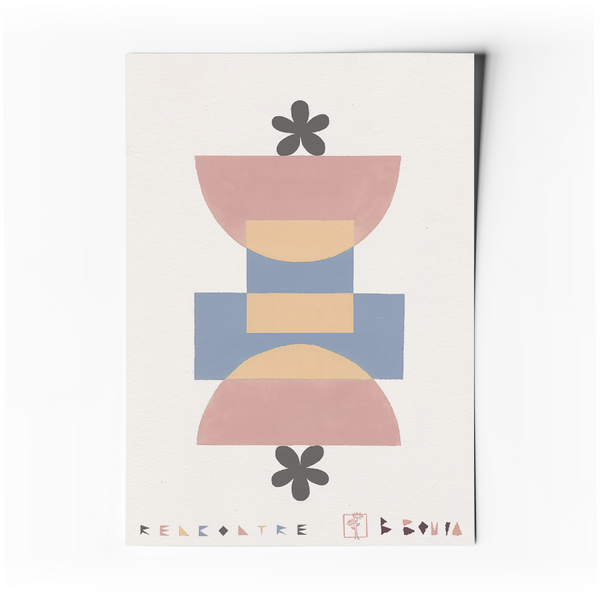 Affiche d’art abstrait géométrique pastel avec motifs floraux et formes en blocs.