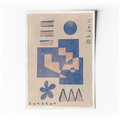 Affiche d’art abstrait minimaliste géométrique sur fond clair, formes bleues et motifs graphiques