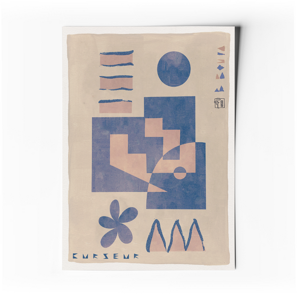 Affiche d’art abstrait minimaliste géométrique sur fond clair, formes bleues et motifs graphiques