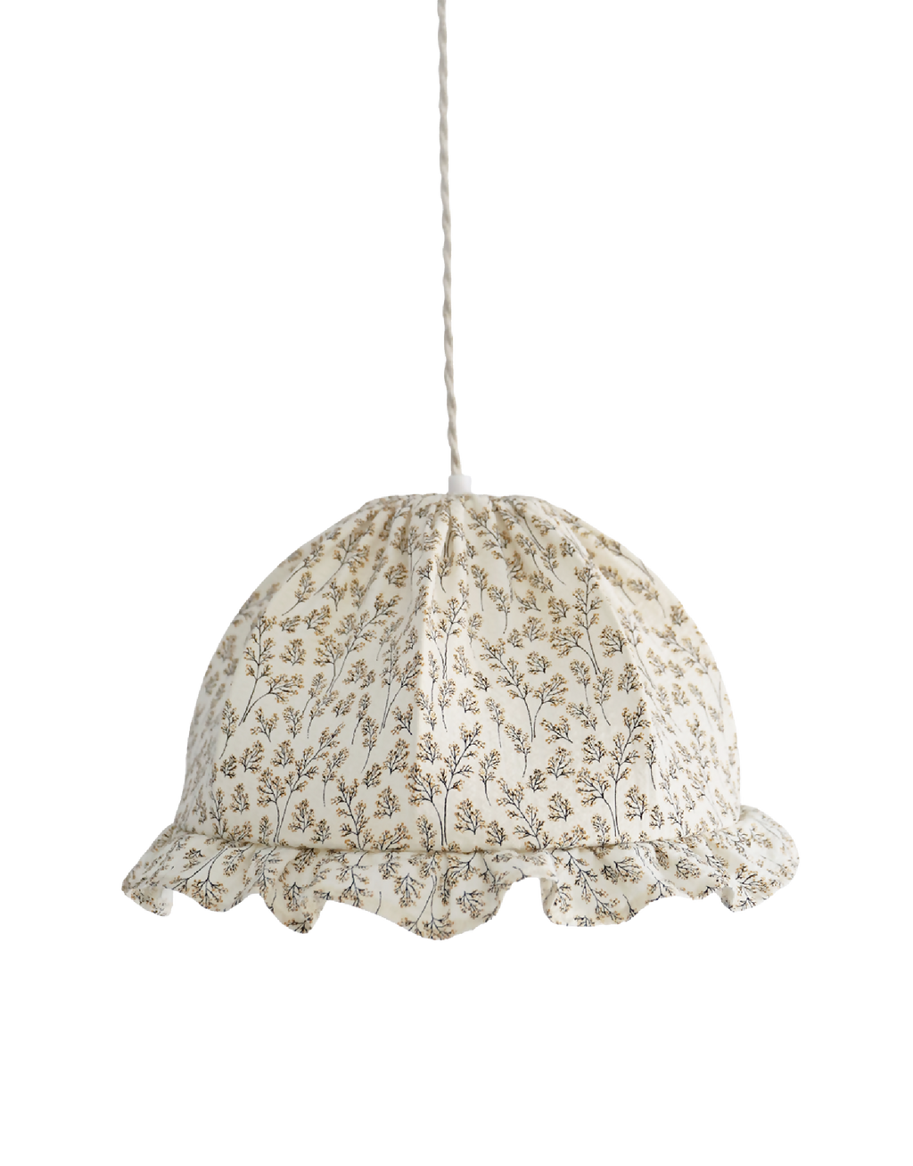 Suspension dôme arrondi en tissu beige à imprimé brindilles, volants en bas