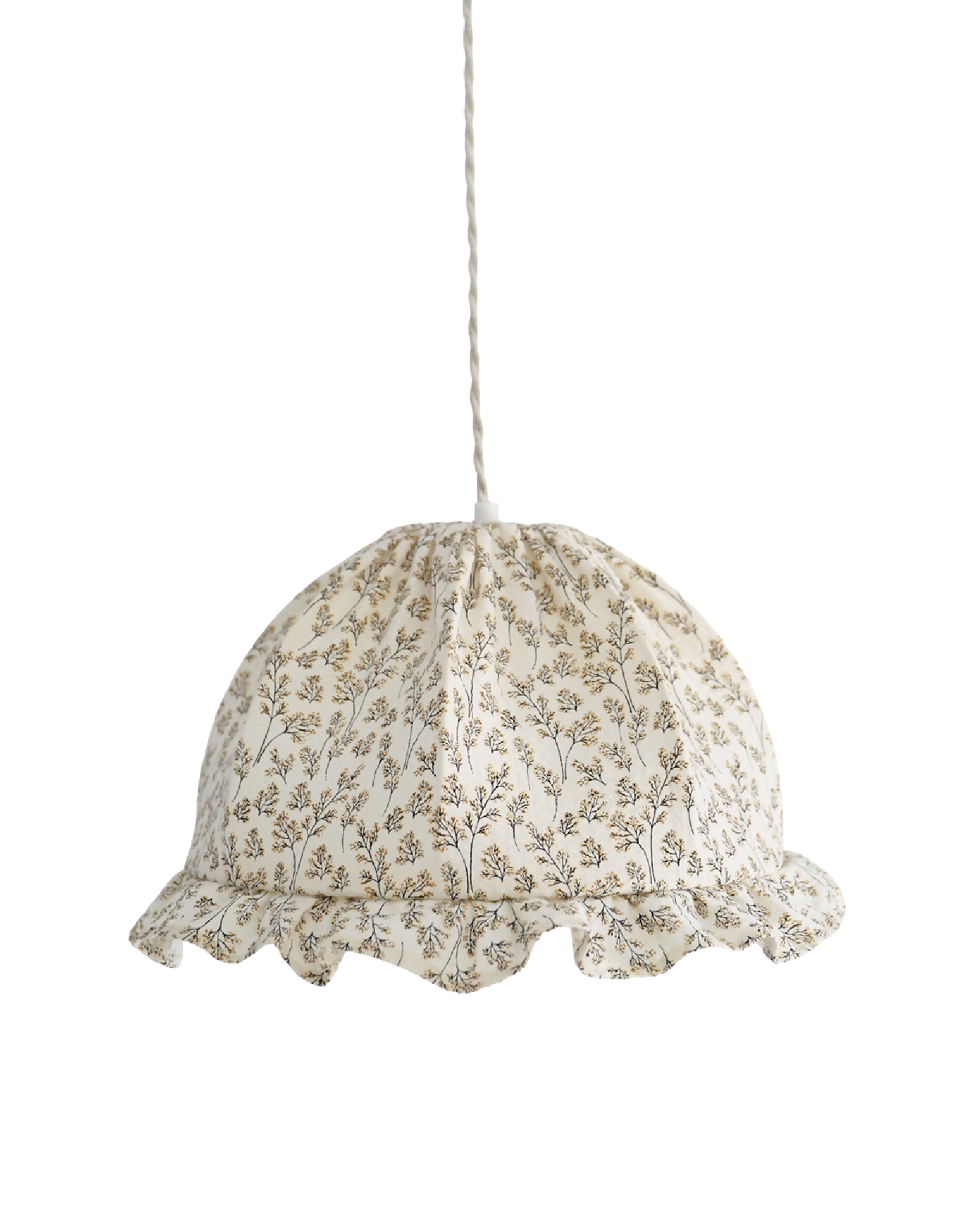 Suspension dôme arrondi en tissu beige à imprimé brindilles, volants en bas