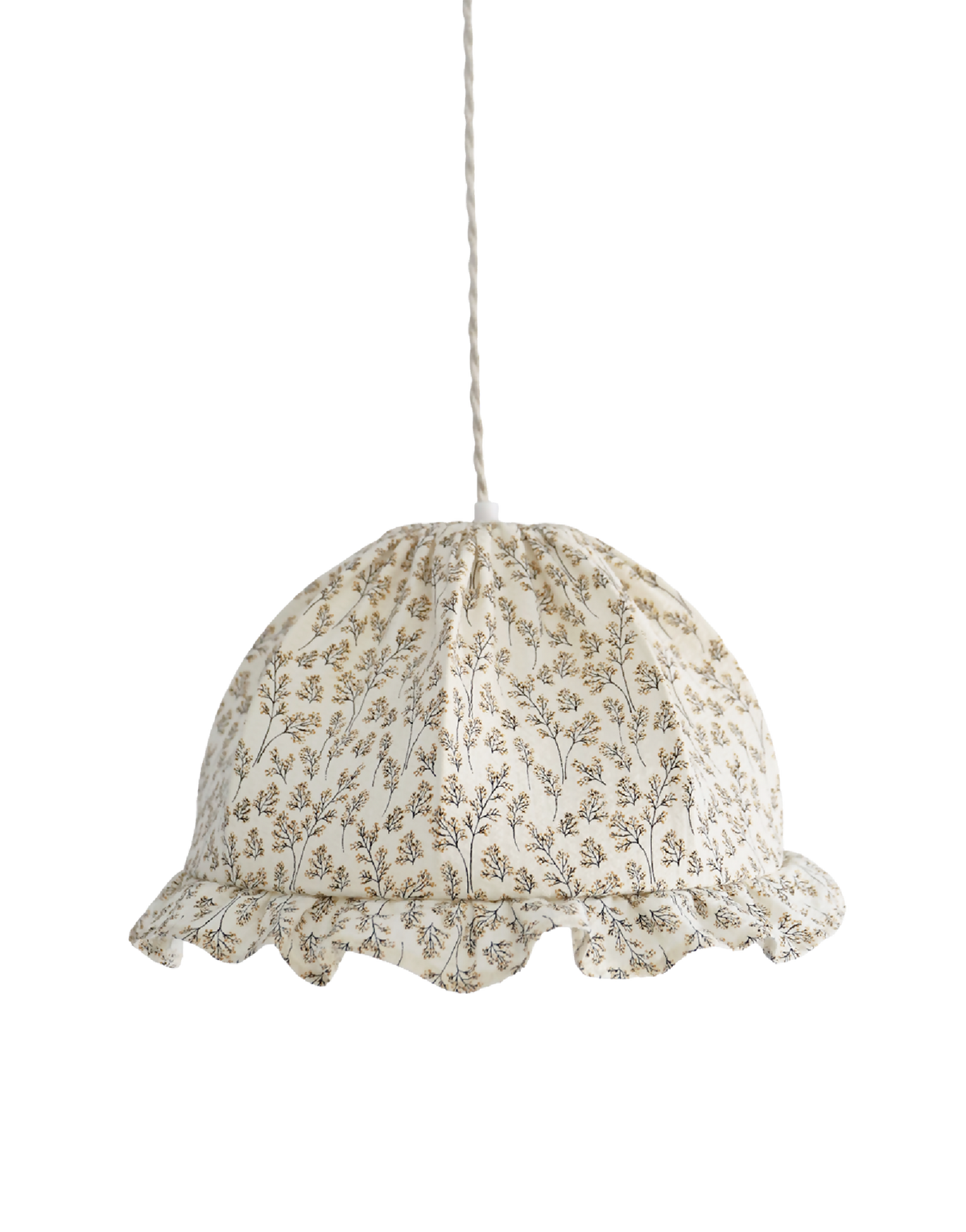 Suspension dôme arrondi en tissu beige à imprimé brindilles, volants en bas