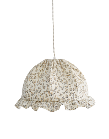 Suspension dôme arrondi en tissu beige à imprimé brindilles, volants en bas