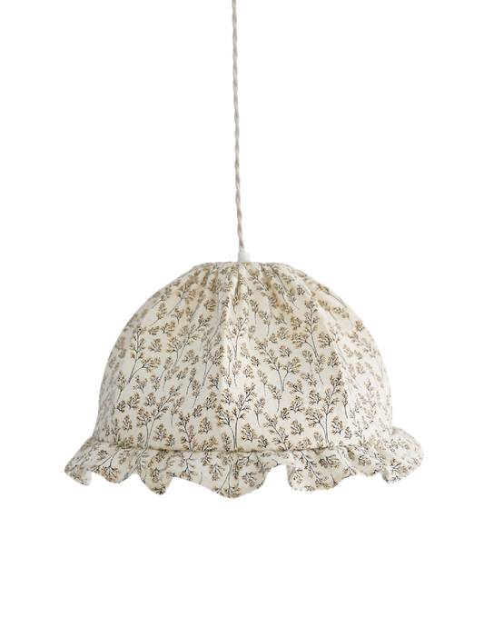 Suspension dôme arrondi en tissu beige à imprimé brindilles, volants en bas