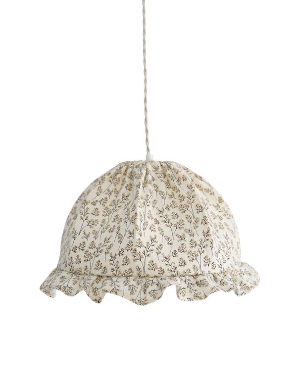 Suspension dôme arrondi en tissu beige à imprimé brindilles, volants en bas