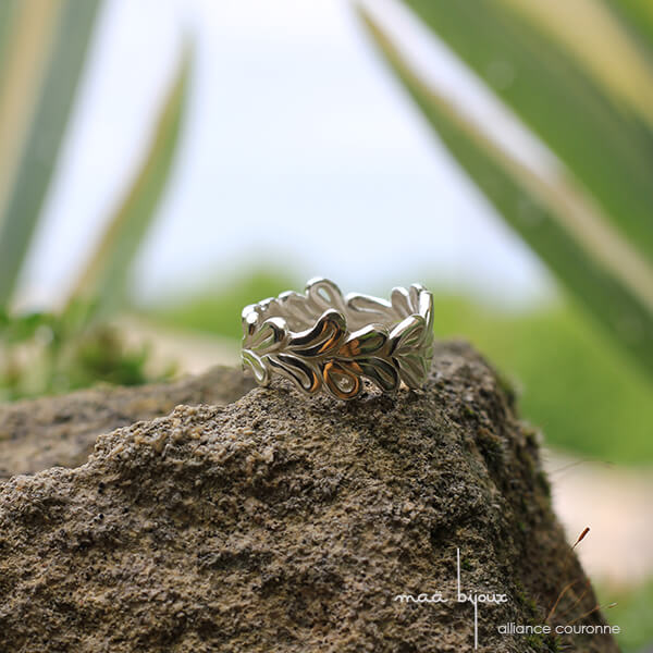 alliance couronne en argent massif 925 recyclé, maä bijoux, fabriqué à la main en france, artisanat
