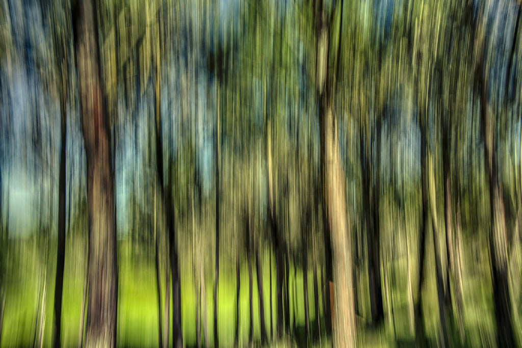 Peinture abstraite de forêt, vert lime et bleu, lignes verticales