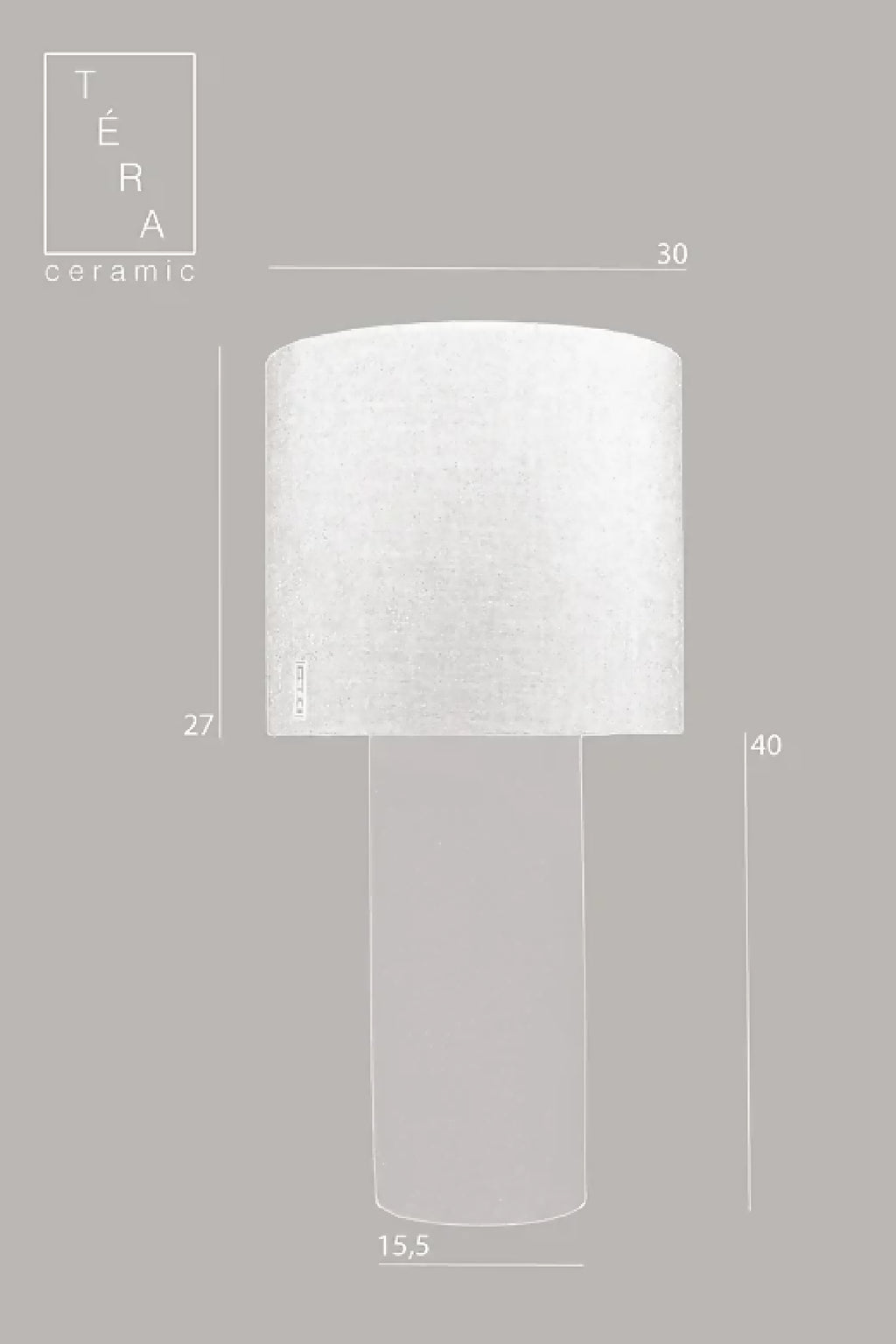 Schéma de la lampe TERA : abat-jour tissu beige et base céramique blanche, cotes