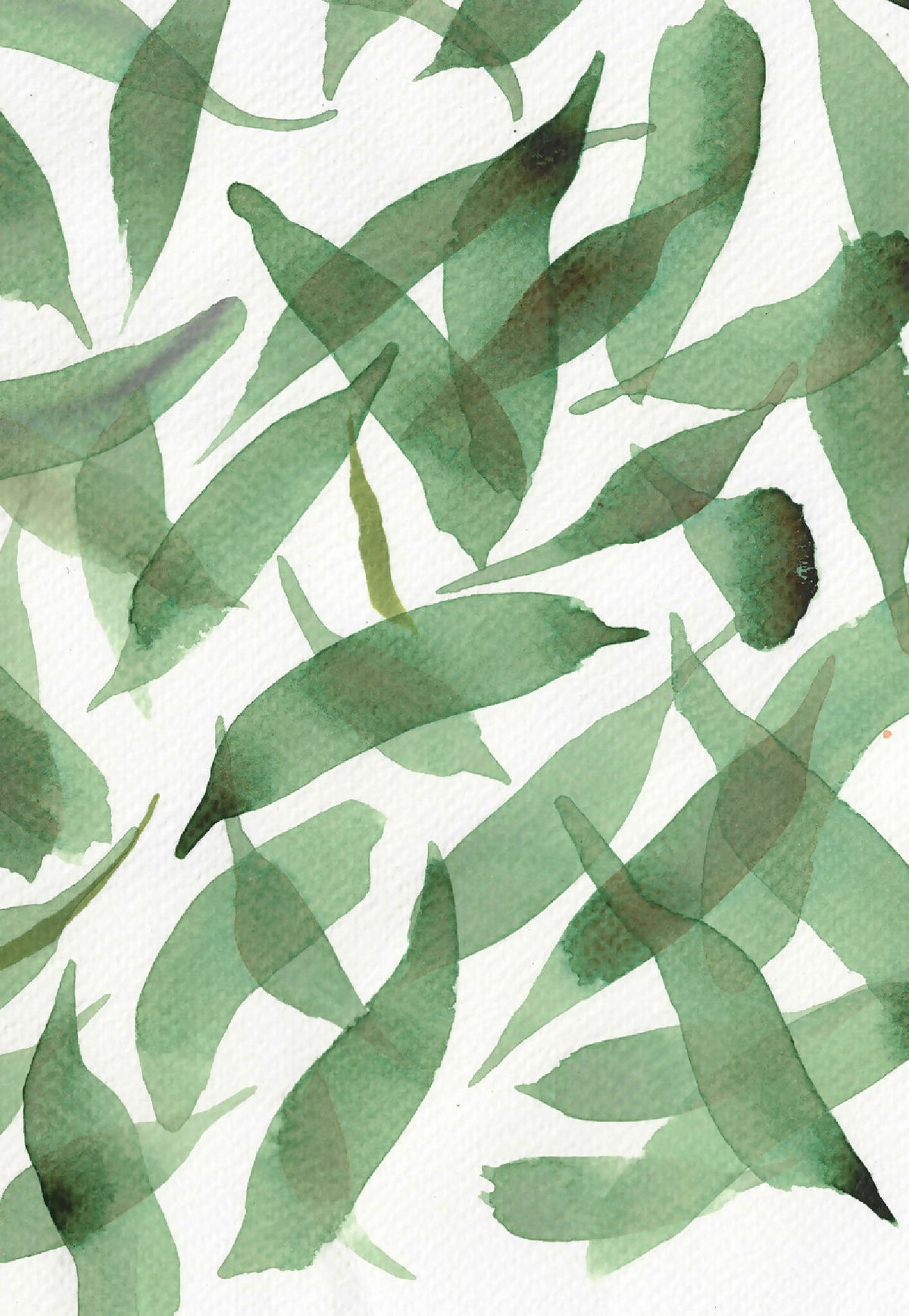Aquarelle de feuillage vert en gros plan, feuilles au lavis sur fond clair.