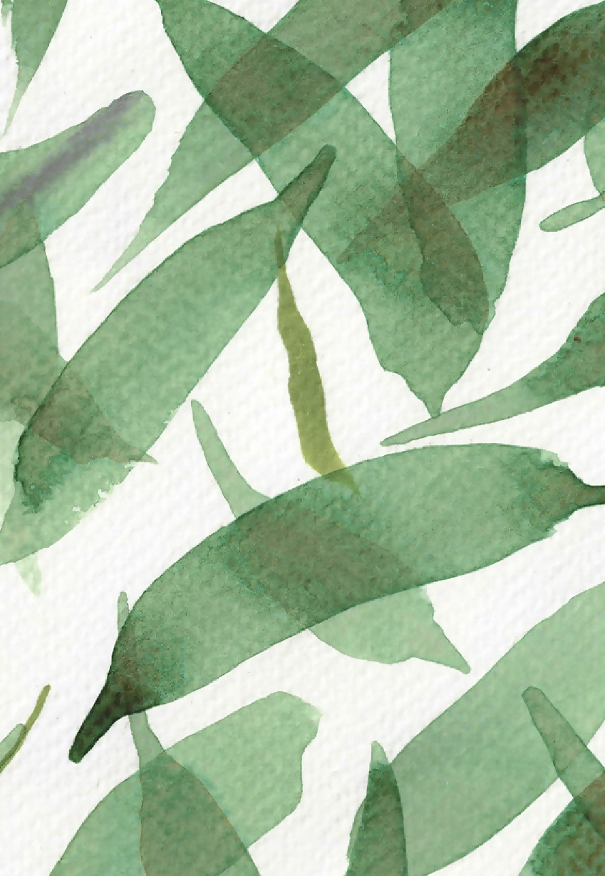 Aquarelle de feuilles vertes au lavis, motif feuillage dense sur fond clair.