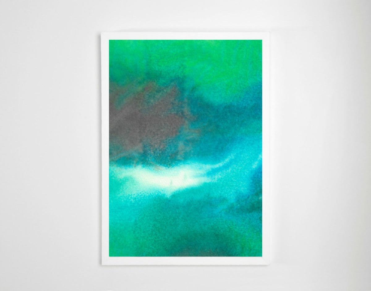 Aquarelle encadrée abstraite, verts et bleus, textures aquarelle.