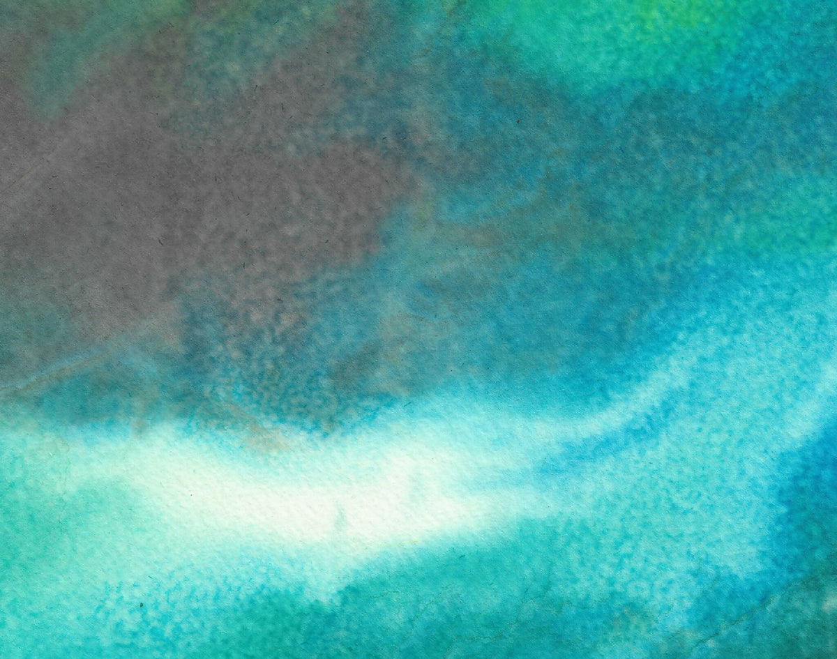 Aquarelle abstraite en gros plan, zones turquoise et vert, textures nuageuses.