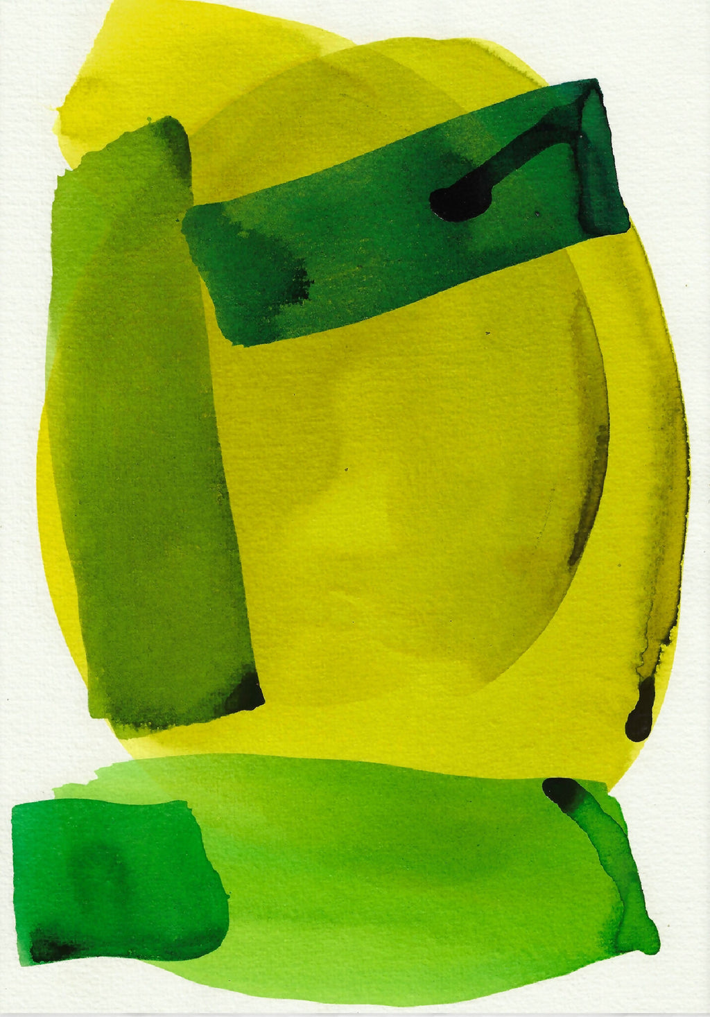 Aquarelle abstraite vert vif et jaune, grandes formes et traces au pinceau.