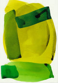 Aquarelle abstraite vert vif et jaune, grandes formes et traces au pinceau.