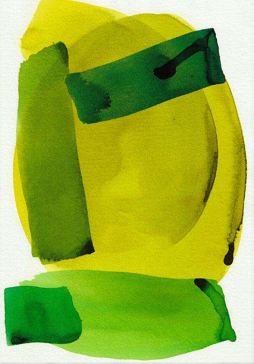 Aquarelle abstraite vert vif et jaune, grandes formes et traces au pinceau.