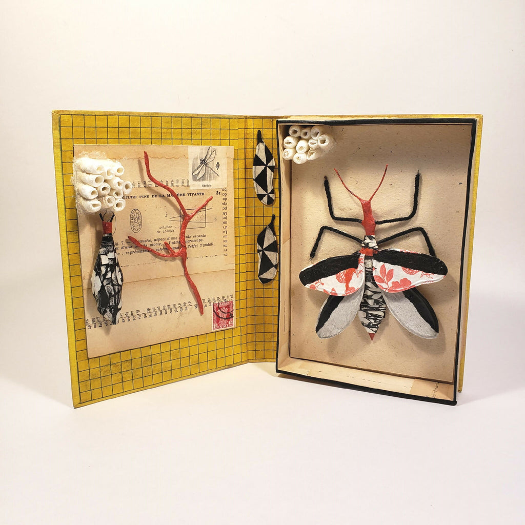 Livre jaune sculpté, pages ouvertes : insecte en relief sur la page droite.