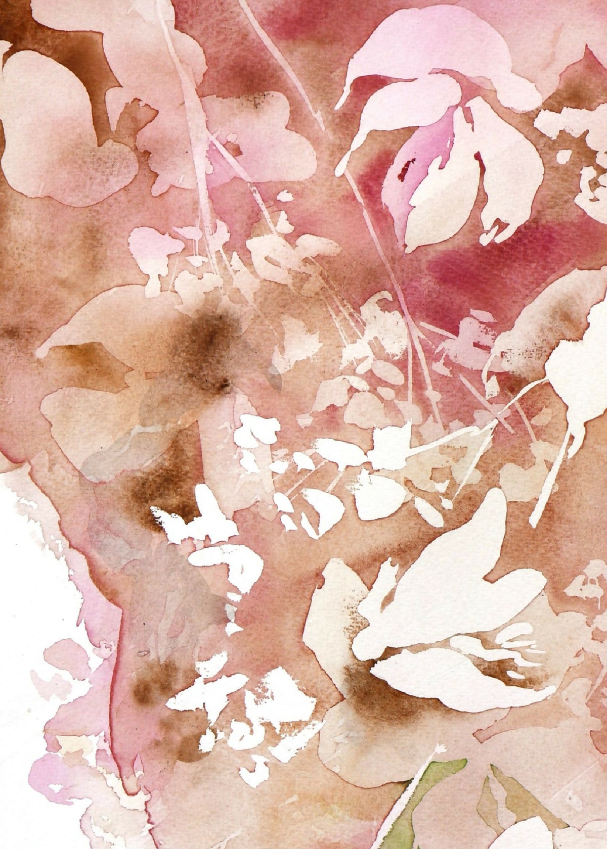Aquarelle originale, détails floraux abstraits roses, bruns et touches violettes