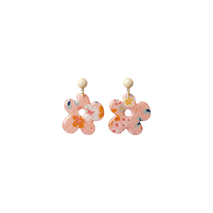 Jardin Fleuri — pendantes pâquerette · papier indien floral résiné · rose, orange, bleu & or · fait main France 🇫🇷