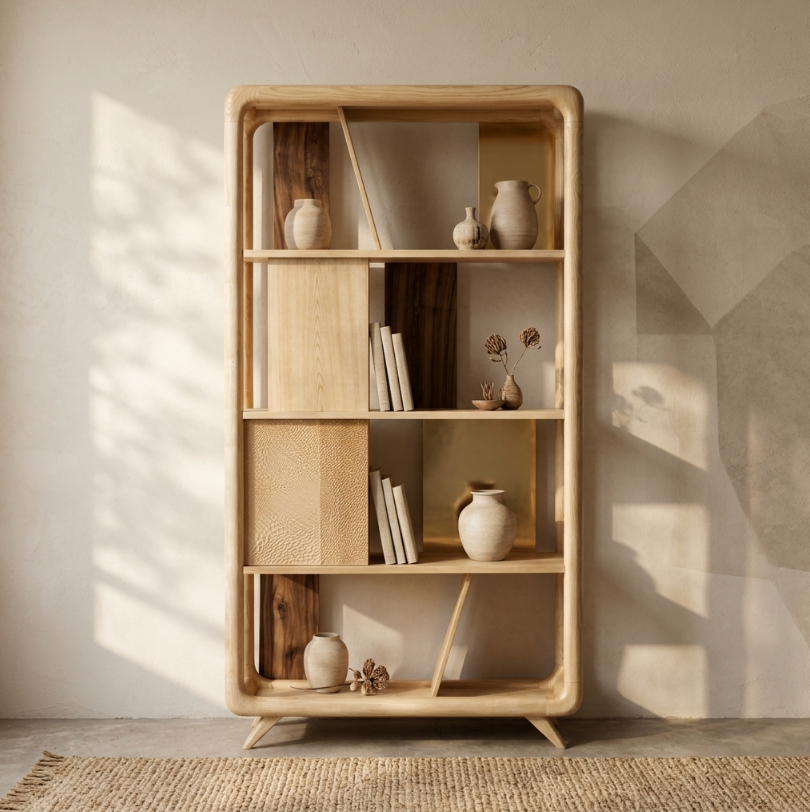Bibliothèque en bois clair à étagères ouvertes avec vases et livres