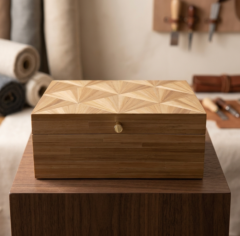 Coffret avec Marqueterie de Paille - Motif éventail Art Déco Doré