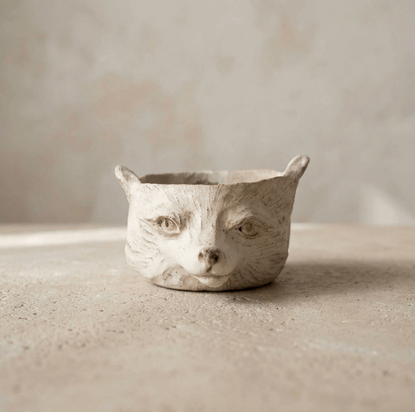 Bol en céramique renard des neiges, blanc, visage sculpté, bord évasé