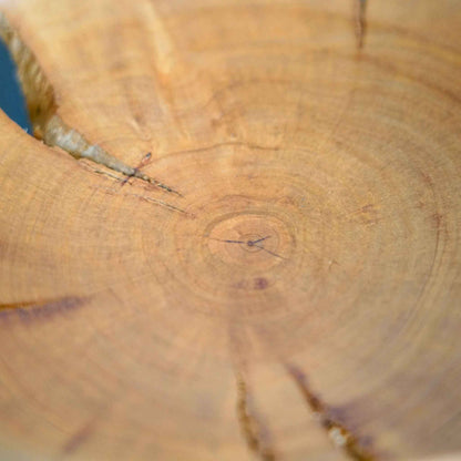 Bol en bois naturel, gros plan sur le fond avec motif de veinage circulaire
