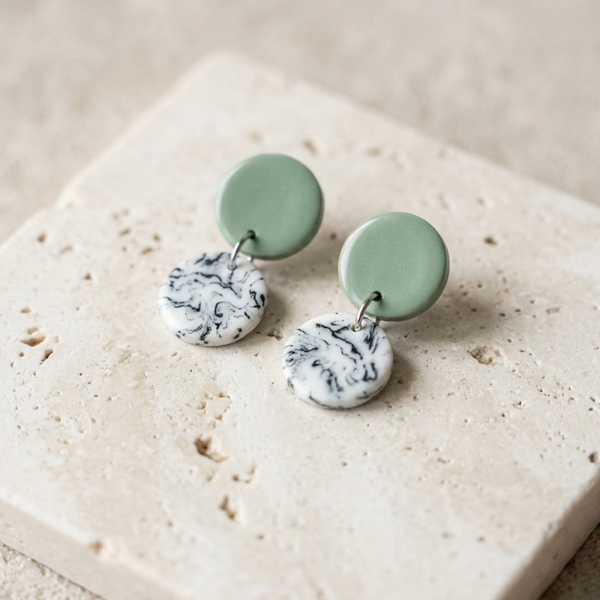 Boucles d’oreille en porcelaine vert menthe et blanc marbré, pastilles superposées