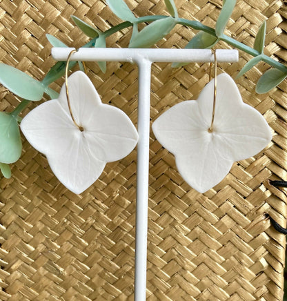 Paire de créoles fleurs en porcelaine blanche, monture dorée sur support blanc.