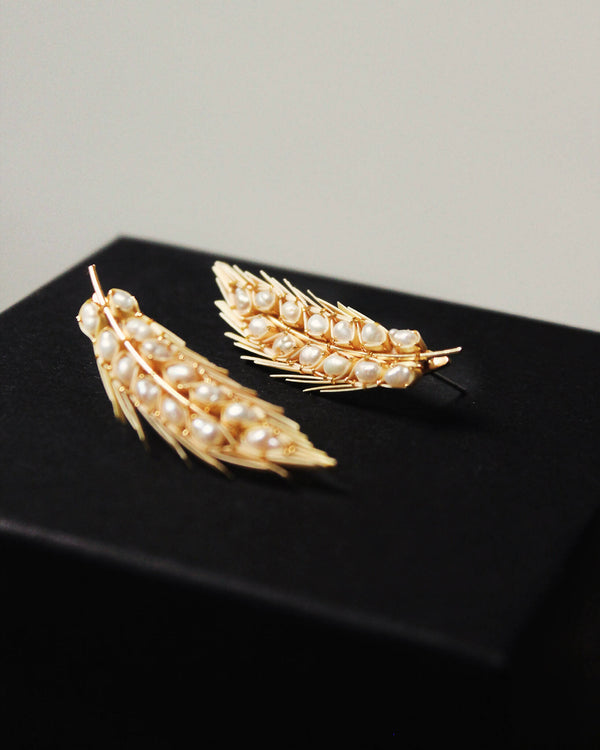 Boucles d’oreilles épis de blé dorés, décor perles et strass