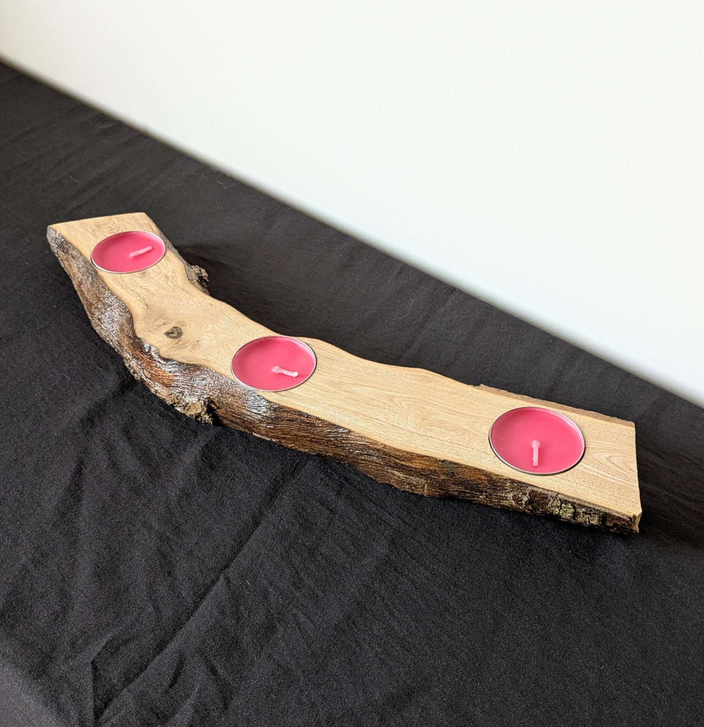 Bougeoir rustique en bois massif avec 3 bougies chauffe-plat roses