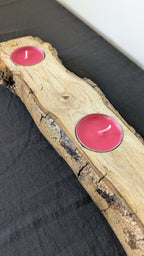 Bougeoir rustique en bois avec 2 bougies chauffe-plat roses