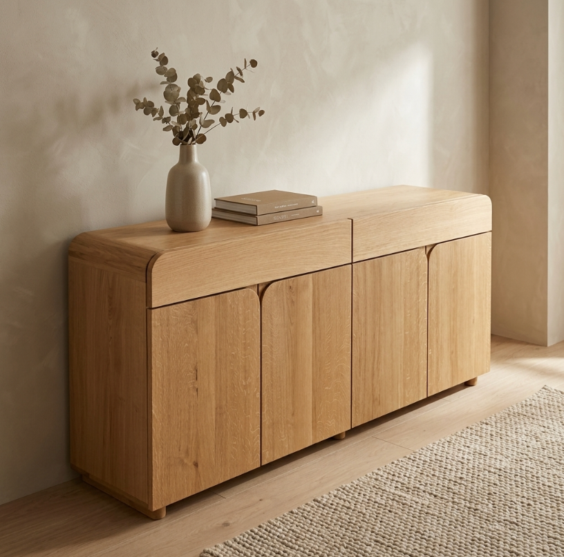 Buffet en bois clair avec quatre portes, plateau horizontal et pieds droits
