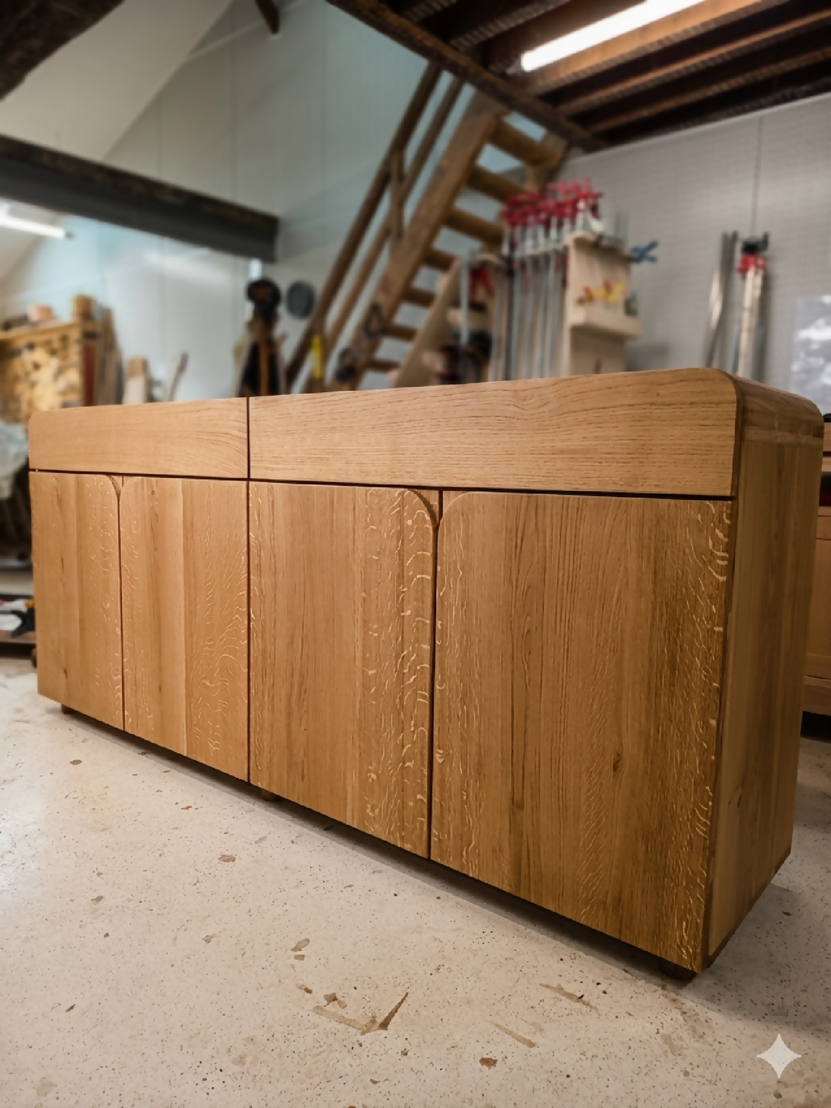 Buffet en bois clair, façades à panneaux et portes alignées