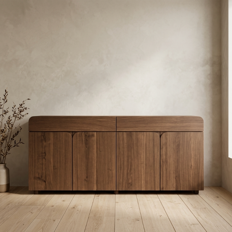 Buffet en bois foncé à quatre portes, plateau arrondi et lignes épurées