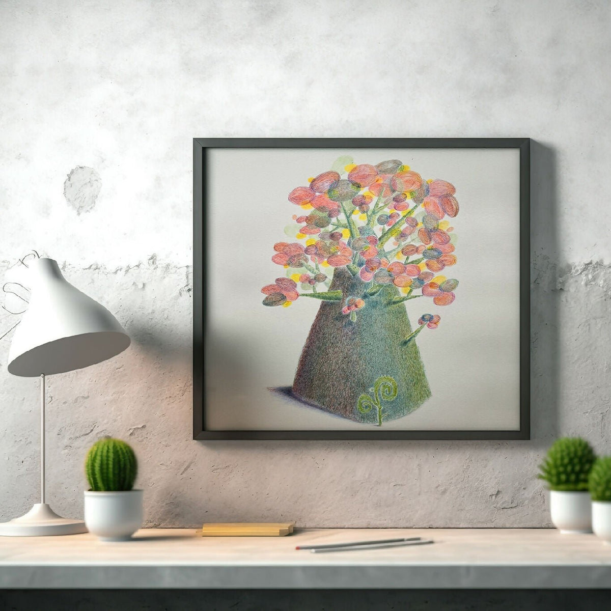 Tableau encadré : vase vert avec fleurs multicolores, style illustration