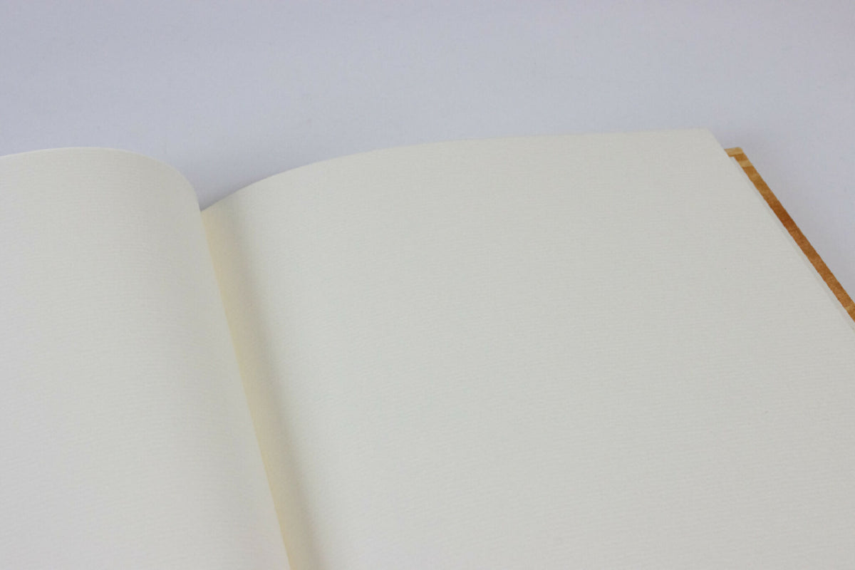 Pages blanches ouvertes dans un cahier, bords crème et tranche visible.