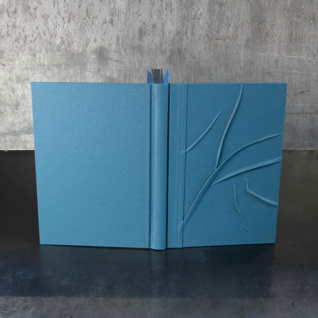 Carnet ou livre d’or bleu à reliefs, couverture rigide ouverte