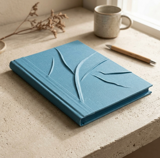 Carnet ou livre d’or bleu à relief, couverture rigide avec motifs feuilles