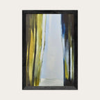 Tableau abstrait encadré noir, troncs stylisés vert et jaune, touches bleues sur fond clair