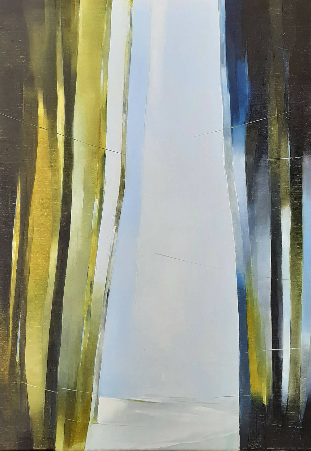 Toile abstraite avec lignes verticales vertes, jaunes et bleues, ouverture blanche
