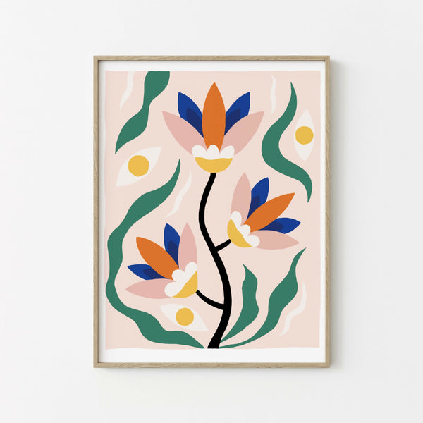 Illustration encadrée avec fleurs stylisées vert, bleu et orange sur fond clair