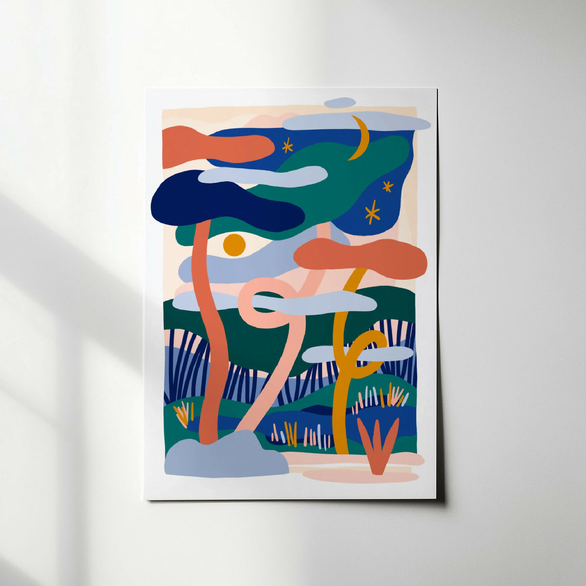 Affiche encadrée rectangulaire, composition abstraite bleu, vert et orange avec croissant de lune.