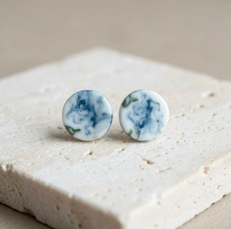 Clous d’oreilles ronds en porcelaine blanche, motif marbre bleu-vert