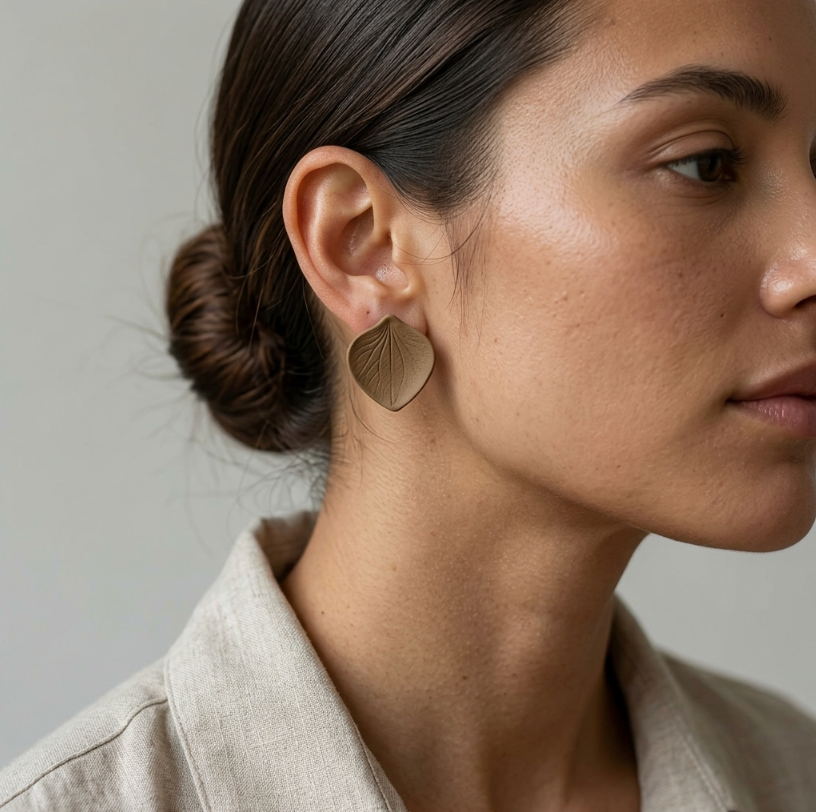 Boucles d’oreilles clous en porcelaine Marie Courtillat camel, motif feuille