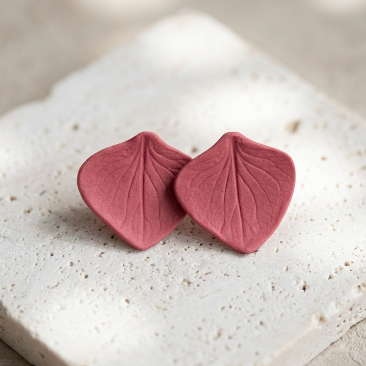 Clous d’oreille Marie Courtillat en porcelaine, feuille rouge rosé