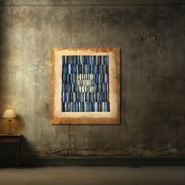 Tableau abstrait encadré, motifs géométriques en bandes bleu et vert