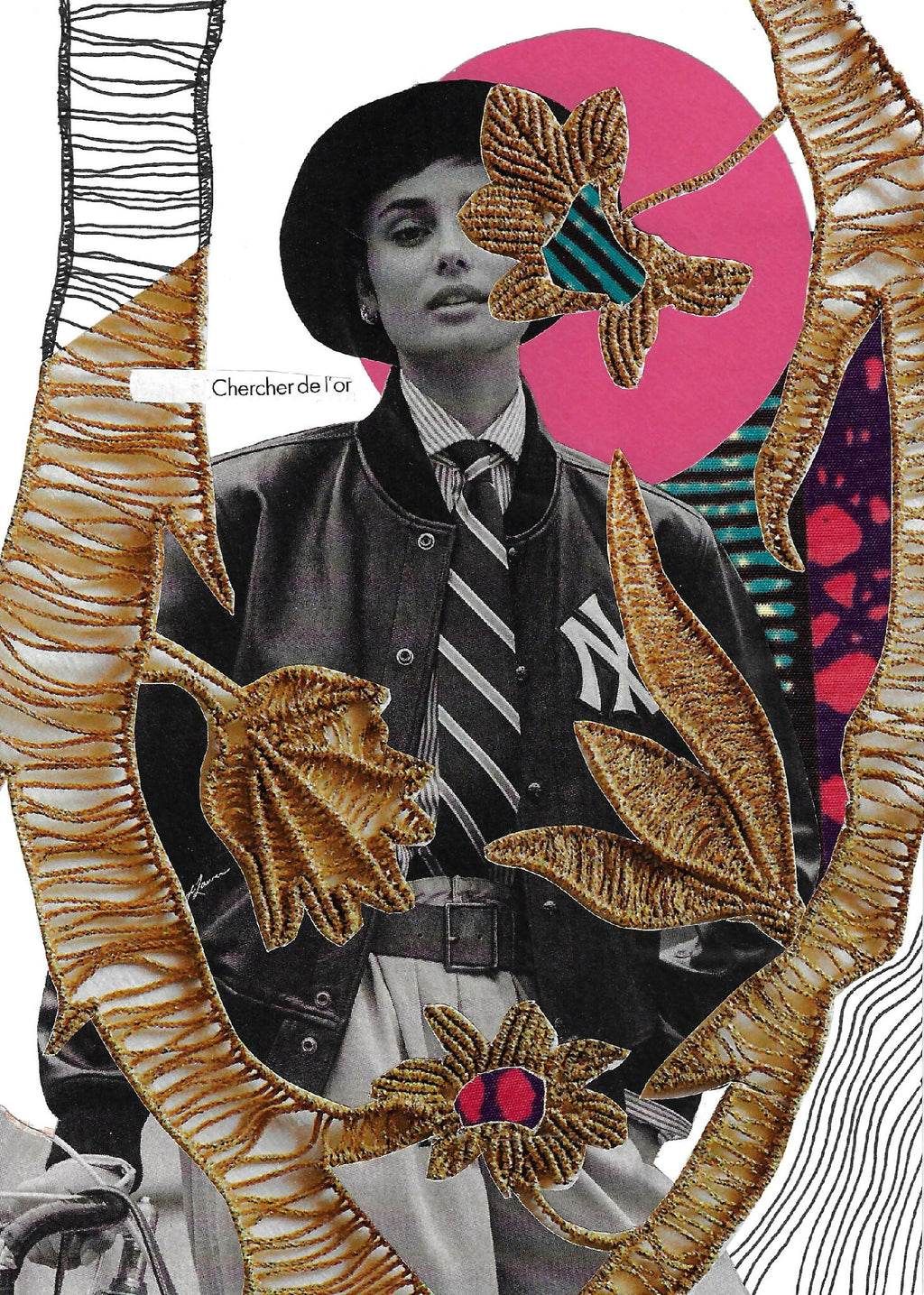 Collage encadré en gros plan : homme en costume noir, fleurs dorées et cercle rose
